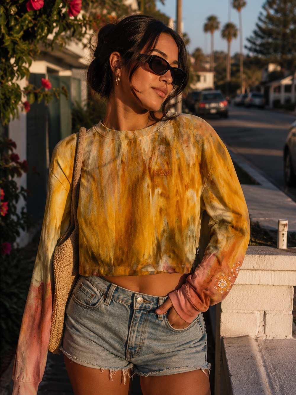 Vans Tie Dye Floral Embroidered Cropped Long Sleeve Tee Sunburst Earth Tone S